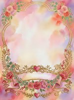 Ornate floral frame with roses, gold filigree scrollwork, and hearts on soft watercolor background. Isolated design element suitable for invitations, greeting cards, and decorative projects.
