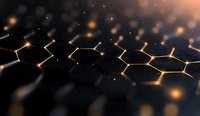 Glowing hexagonal molecular structure with golden light effects on dark background, abstract science and technology network visualization.