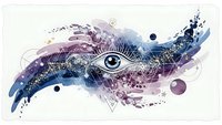 Abstract mystical eye with cosmic watercolor splashes in purple and blue tones, geometric elements and golden details on white background for spiritual design.