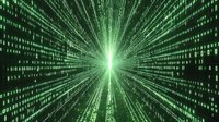Digital matrix code streaming in green light with perspective tunnel effect and binary numbers flowing on black background for technology concept.