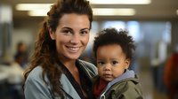 Smiling Caucasian female pediatrician or healthcare worker holding African American toddler patient in medical office setting, representing healthcare and childcare services.