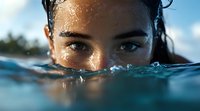 Young Asian woman's intense gaze above turquoise water surface with water droplets on face, dramatic close-up shot capturing summer swimming moment in tropical setting.
