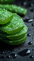 Fresh aloe vera leaves with water drops stacked on dark background, macro shot showing natural texture and moisture for spa and skincare concepts.