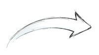 Curved arrow sketch in black pencil style with rough textured edges and dynamic movement, isolated on white background for graphic design projects.