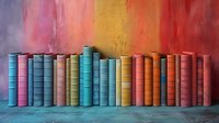 Row of colorful vintage books standing on wooden shelf against vibrant multicolored wall background, creating artistic composition for library or education concept.