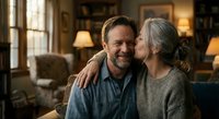 Happy mature Caucasian couple embracing in cozy living room with warm lighting. Senior man and woman showing affection at home for lifestyle content.