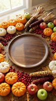 Autumn harvest arrangement with wooden bowl surrounded by pumpkins, corn, apples, and berries on rustic table for fall seasonal and Thanksgiving designs.