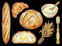 Watercolor bakery set with baguette, croissant, sourdough loaf, bread roll, wheat, dough bowl, and knife, isolated on transparent background for clipart and t-shirt design.