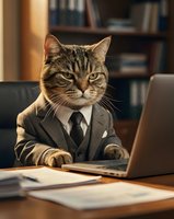 Business cat in suit working on laptop at office desk with books in background for corporate humor and professional pet concepts.