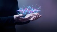 Businessman holding glowing sound wave visualization with musical notes and frequency patterns, representing audio technology, music production, and digital innovation.