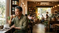 Middle-aged man with dark hair and olive complexion, wearing olive button-up shirt, sitting alone at table in warm-lit café with string lights, plants, and blurred customers in background, contemplative expression while holding coffee cup.