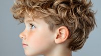 Side profile of young Caucasian boy with stylish curly blonde hair against gray background, showing modern children's hairstyle and natural facial features.