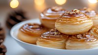 Freshly baked cream puffs with caramel glaze and chopped nuts stacked on white plate, selective focus on golden pastries with swirled pattern and drizzle.