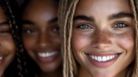 Young diverse women with bright smiles and natural beauty features including freckles and braided hairstyles shown in close-up portrait against dark background.