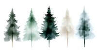 Watercolor pine trees in muted green and gray tones arranged in row on white background, creating minimalist forest silhouettes for nature-inspired design projects.