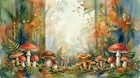 Watercolor forest scene with red and orange mushrooms, ferns, and foliage surrounding a bright central clearing, suitable for children's book illustrations and nature-themed designs.