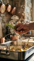 Chef's hand adding fresh rosemary to steaming pot with roasted vegetables and potatoes, rustic kitchen setting with hanging copper cookware and stone wall background.