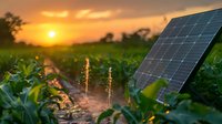 Solar panel in agricultural field during golden sunset, water sprinkler irrigation system working among green crops, sustainable farming and renewable energy concept.