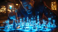 Mature bearded man playing glowing blue chess pieces on luminous board at night, strategic thinking concept with dramatic lighting and bokeh background.