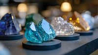 Raw crystal specimens in vibrant blue, purple and clear quartz displayed on black circular stands with soft bokeh lighting effect in background for jewelry store showcase.