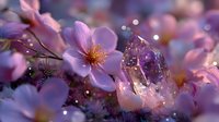 Delicate pink cherry blossoms surrounding amethyst crystal points, creating a dreamy spring garden scene with soft bokeh light effects in purple hues.