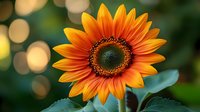 Vibrant orange sunflower bloom with dark center against soft bokeh background for nature photography, garden design, and seasonal decorating projects.