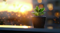 Small succulent plant in black pot against golden sunset bokeh background, creating peaceful minimalist composition with natural light and soft focus effects.