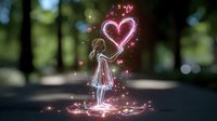 Young girl silhouette drawing glowing heart shape with magical sparkles and pink light effects on dark blurred nature background. Romance and love concept.