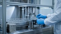 Pharmaceutical technician in blue gloves operating automated vial filling machine in sterile laboratory environment for drug manufacturing and quality control.