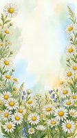 Watercolor daisy meadow border with soft pastel background, white chamomile flowers and green herbs framing copy space for text.
