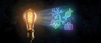 Glowing vintage Edison bulb emitting neon light rays with creative icons for innovation, technology and digital marketing solutions.
