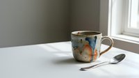 Handmade ceramic coffee mug with artistic glaze pattern sits on white table by window with natural light and silver spoon for morning beverage ritual.
