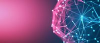 Abstract digital network sphere with glowing blue and pink connections on gradient background, representing technology and data visualization.