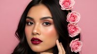 Young Asian woman with dark wavy hair and bold red lipstick poses with pink roses against soft pink background for beauty and cosmetics concepts.
