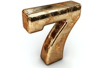 Golden metallic number seven on white background, dimensional figure with textured surface and reflective gold finish, isolated for design and typography projects.