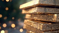 Stack of dark chocolate bars with golden bokeh lights in background, macro food photography showing rich texture and luxurious sheen of cocoa confection.