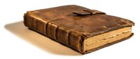 Antique leather-bound book with worn brown cover and metal clasp closure on white background. Vintage manuscript with aged pages for historical research.
