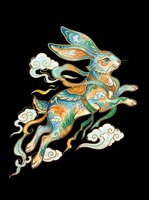 Ornate celestial rabbit leaping through clouds in traditional Asian art style, isolated on transparent background, for t-shirts, stickers, and print on demand.