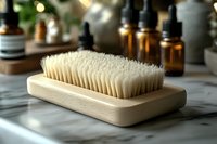 Natural wooden brush with white bristles on marble surface, essential oil bottles in background. Eco-friendly bathroom accessories for sustainable lifestyle.