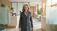 Professional mature businesswoman in gray suit standing confidently in modern office lobby with natural lighting and contemporary design elements.