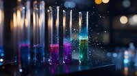 Colorful chemical reactions in glass test tubes with glowing liquids and sparkles against dark background, creating magical laboratory atmosphere.