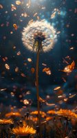 Magical dandelion seed head glowing in sunset light with floating seeds and petals against dark blue background, creating dreamy atmospheric nature scene.