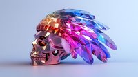 Metallic skull with iridescent crystal mohawk headdress featuring vibrant pink and blue gradient feather-like formations against light background.