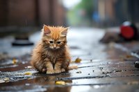 Adorable ginger kitten sitting on wet pavement after rain, looking grumpy with fluffy fur and serious expression. Autumn leaves scattered around create cozy mood.