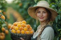 Young woman in straw hat and casual attire holding wicker basket full of fresh oranges in citrus garden, natural sunlight and green foliage background.