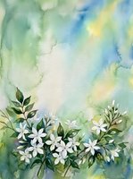 Watercolor floral frame with white jasmine flowers and green leaves on soft pastel background for spring greeting cards and wedding invitations.
