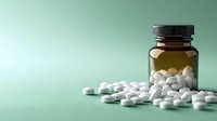 White pharmaceutical pills scattered near brown glass medicine bottle on mint green background with dramatic lighting and copy space for healthcare concept.