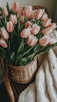 Fresh pink tulips in wicker basket with cozy knitted blanket, moody spring composition for social media, lifestyle blogs and romantic floral design.