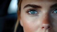 Close up portrait of young woman with bright blue eyes, natural freckles and minimal makeup against blurred background, soft natural lighting highlights facial features.