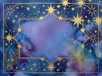 Watercolor galaxy background with gold stars and constellation frame on deep blue purple night sky, mystical celestial border for cards and invitations.